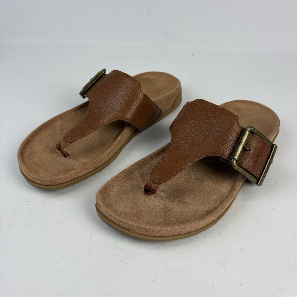 VIONIC Carmela Strappy Slide Sandal Tan Leather Women Size 7.5